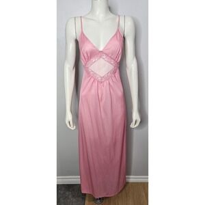 Vintage Pink Lace Nightgown, 70s/80s Maxi Nightgown, Sheer Cut Out